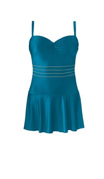 Immagine di PLUS SIZE SWIM SUIT TEAL  WITH SKIRT AND GOLD TRIM.